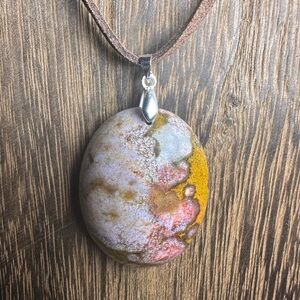 Ocean Jasper Oval Pendant Necklace on Brown Faux Suede